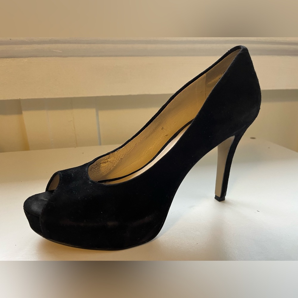 Nine West 4” Black Peep Toe Suede Heels